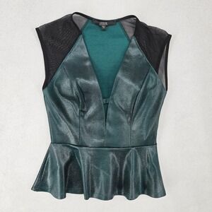 Guess XS Peplum Top Womens Faux Leather Mesh Deep V-Neck Edgy Goth Night Out